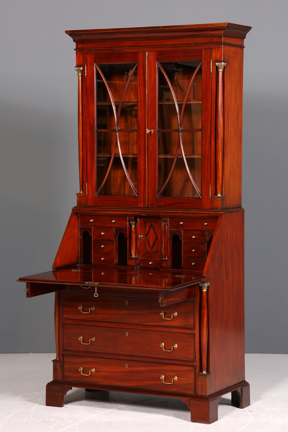 Wunderschöner Englischer Sekretär Vitrine Bibliothek Biedermeier Stil Aufsatzsekretär echt Holz Antik Schrank Regal