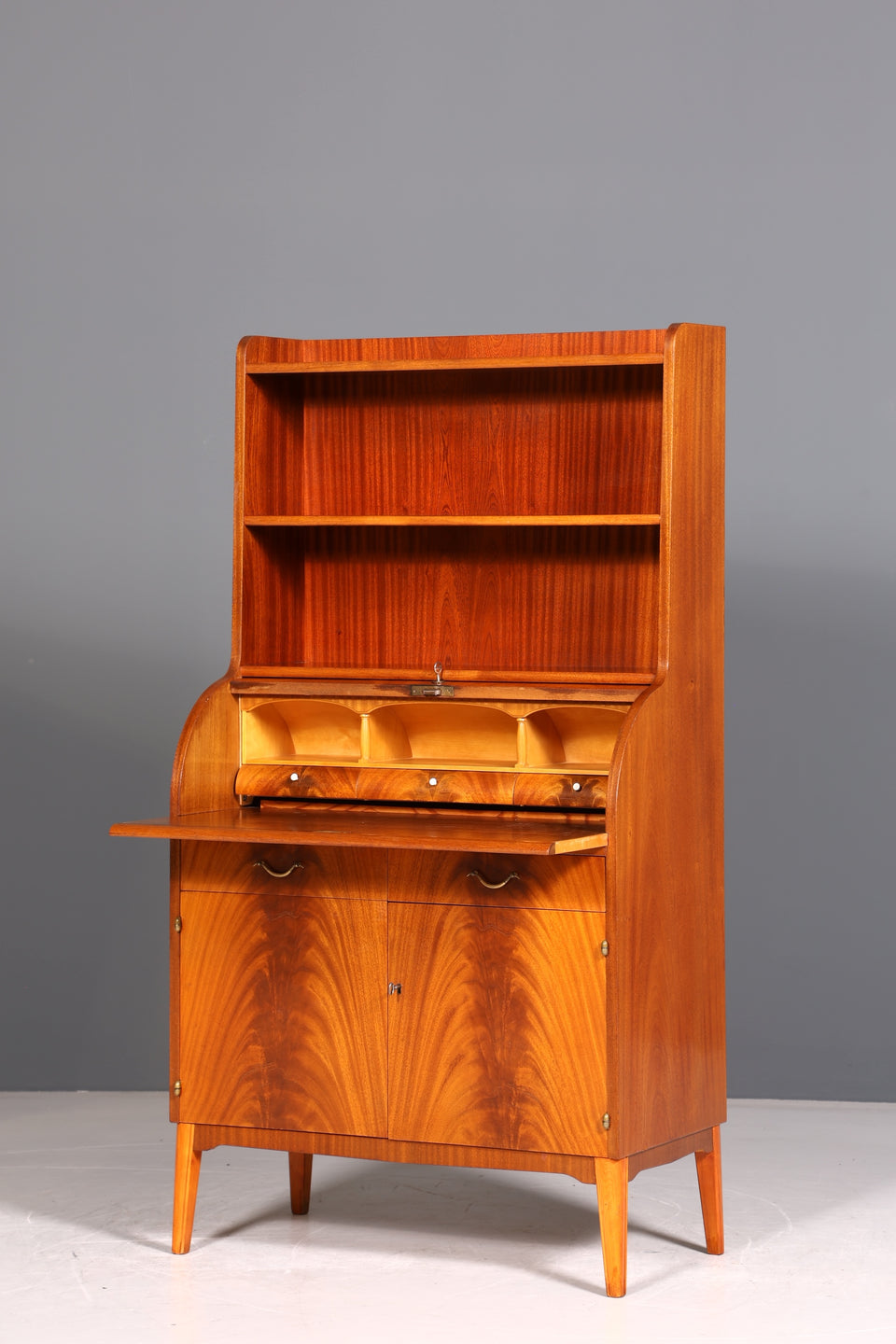 Wunderschöner Mid Century Rollladen Sekretär echt Holz Mahagoni Aufsatz Schrank Office Regal Kommode Bücherregal 60er Jahre