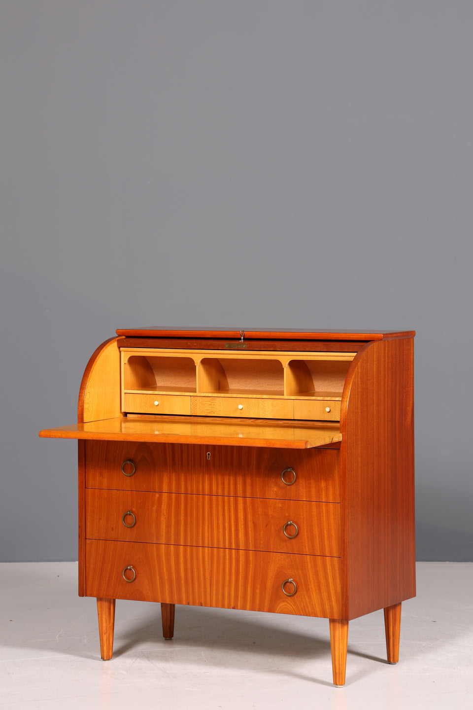 Schlichter Mid Century Rollladen Sekretär echt Holz Büro Schrank Vintage Schreibkommode