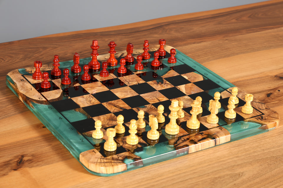 Stylish Handmade Epoxy Resin Chess Board Olive Tree Epoxy Game Board