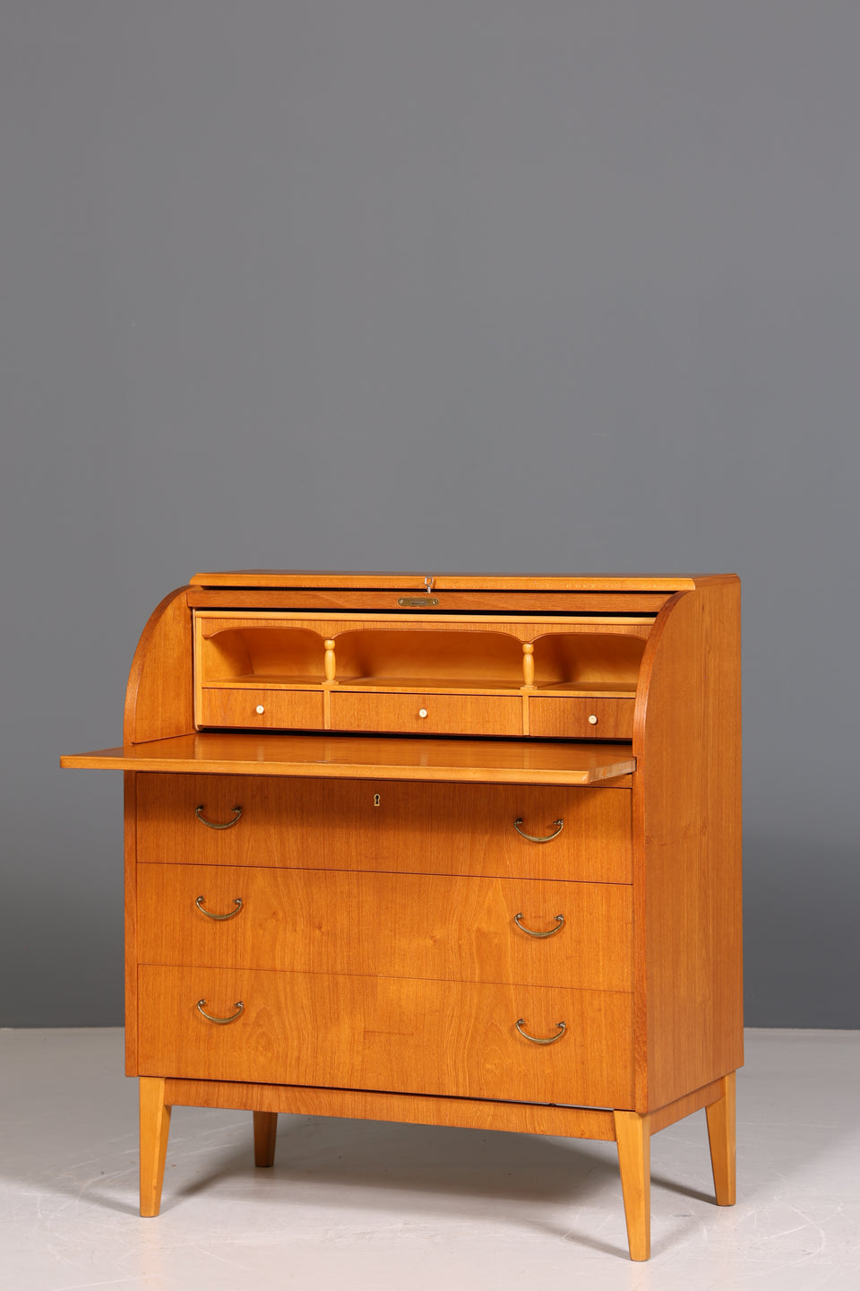 Schlichter Mid Century Rollladen Sekretär echt Holz Büro Schrank Vintage Schreibkommode