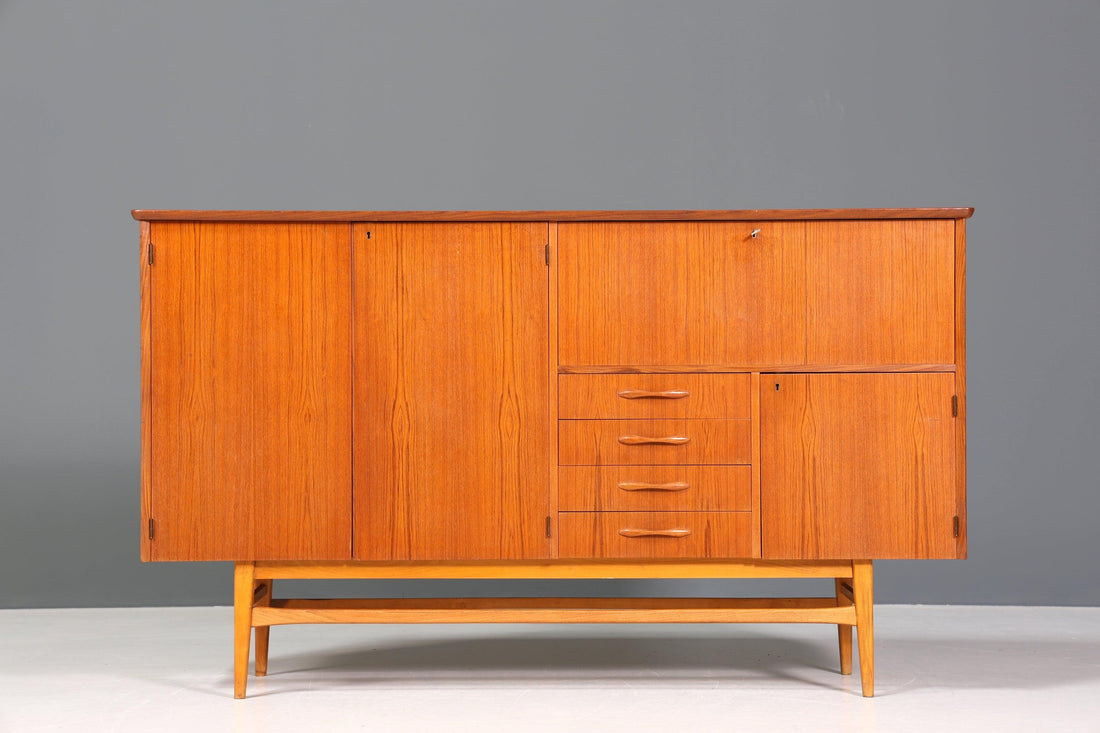 Simple Mid Century Highboard Vintage Sideboard Danish Design Teak Wood Chest of Drawers 60s