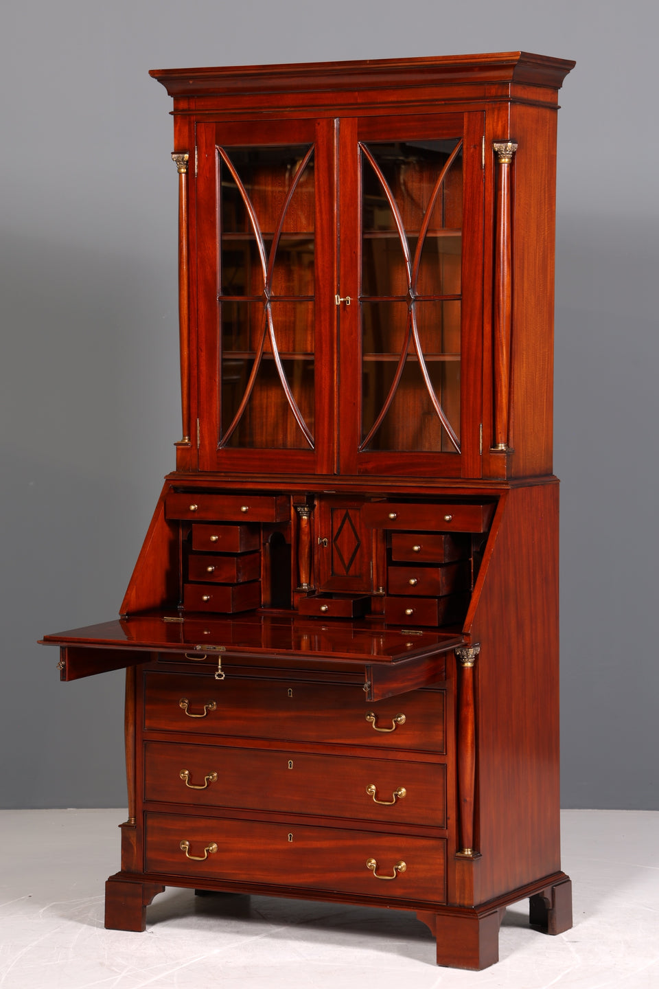 Wunderschöner Englischer Sekretär Vitrine Bibliothek Biedermeier Stil Aufsatzsekretär echt Holz Antik Schrank Regal