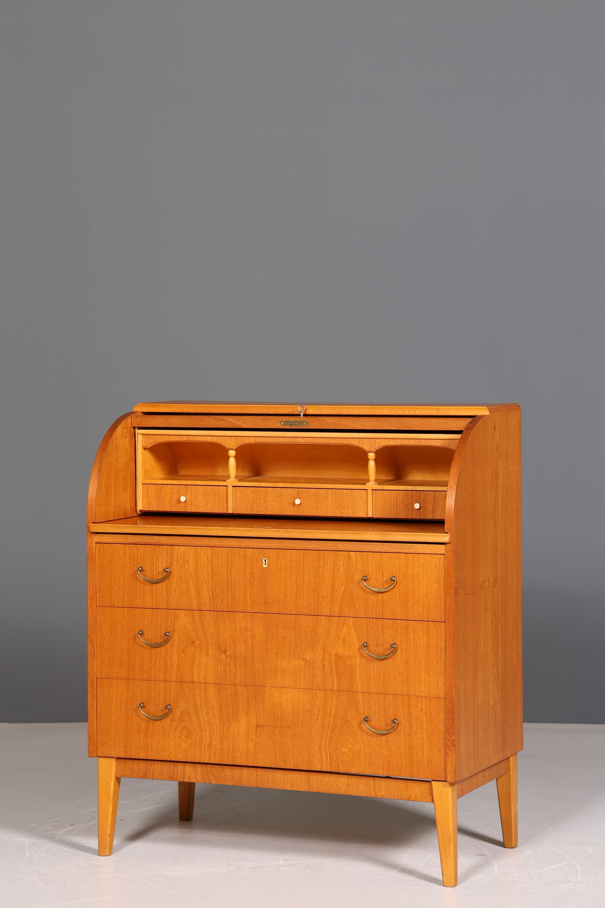 Simple Mid Century Roller Shutter Secretary Real Wood Office Cabinet Vintage Writing Desk