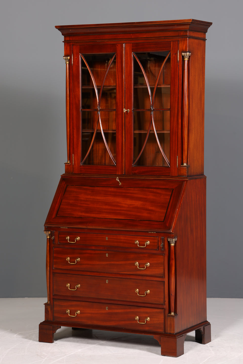 Wunderschöner Englischer Sekretär Vitrine Bibliothek Biedermeier Stil Aufsatzsekretär echt Holz Antik Schrank Regal