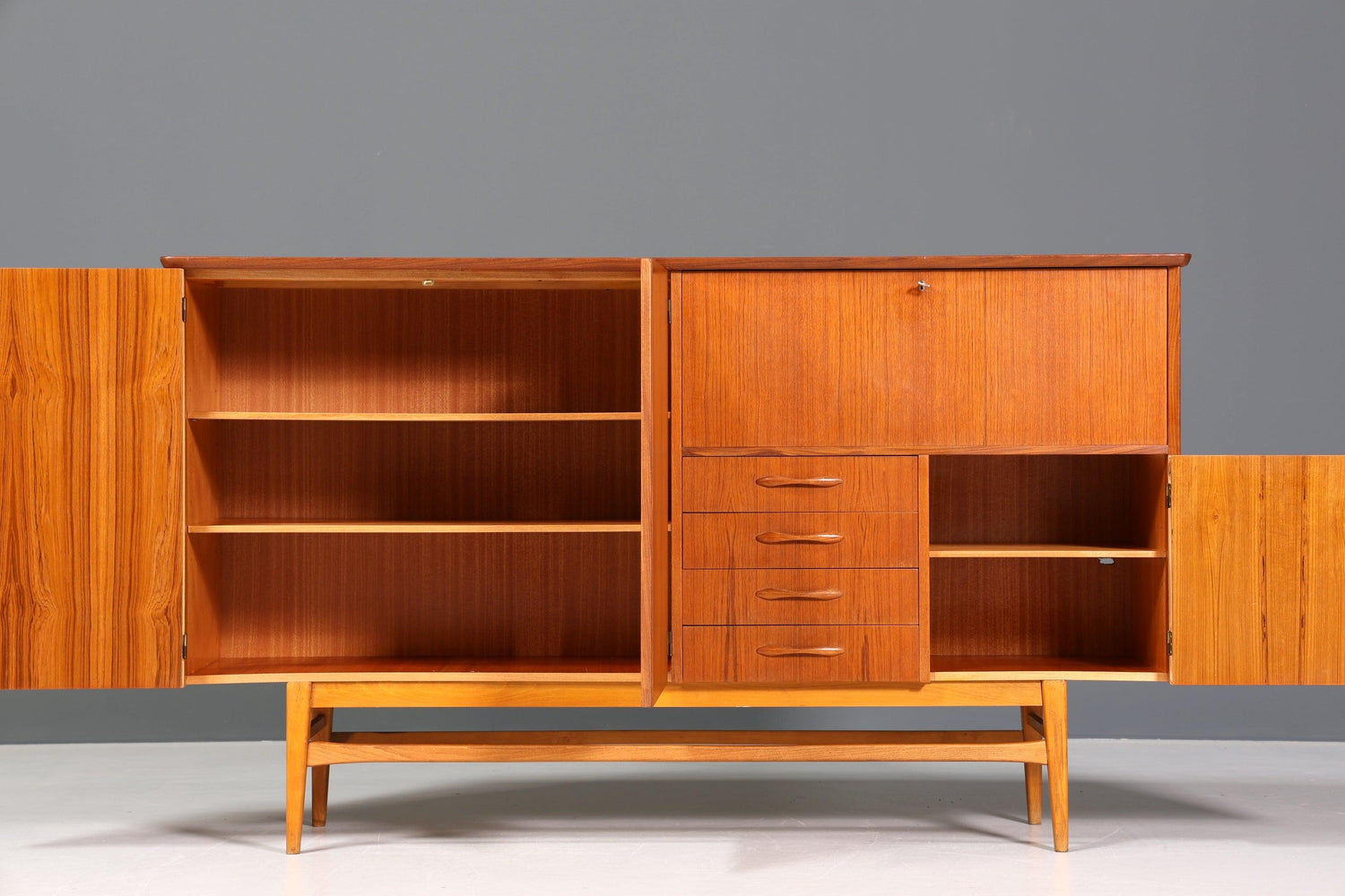 Simple Mid Century Highboard Vintage Sideboard Danish Design Teak Wood Chest of Drawers 60s