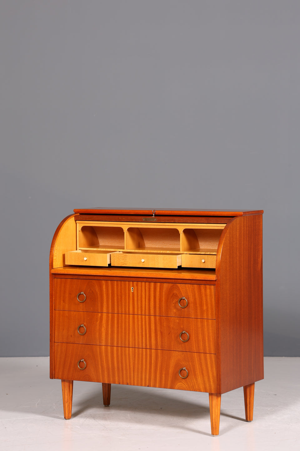 Schlichter Mid Century Rollladen Sekretär echt Holz Büro Schrank Vintage Schreibkommode