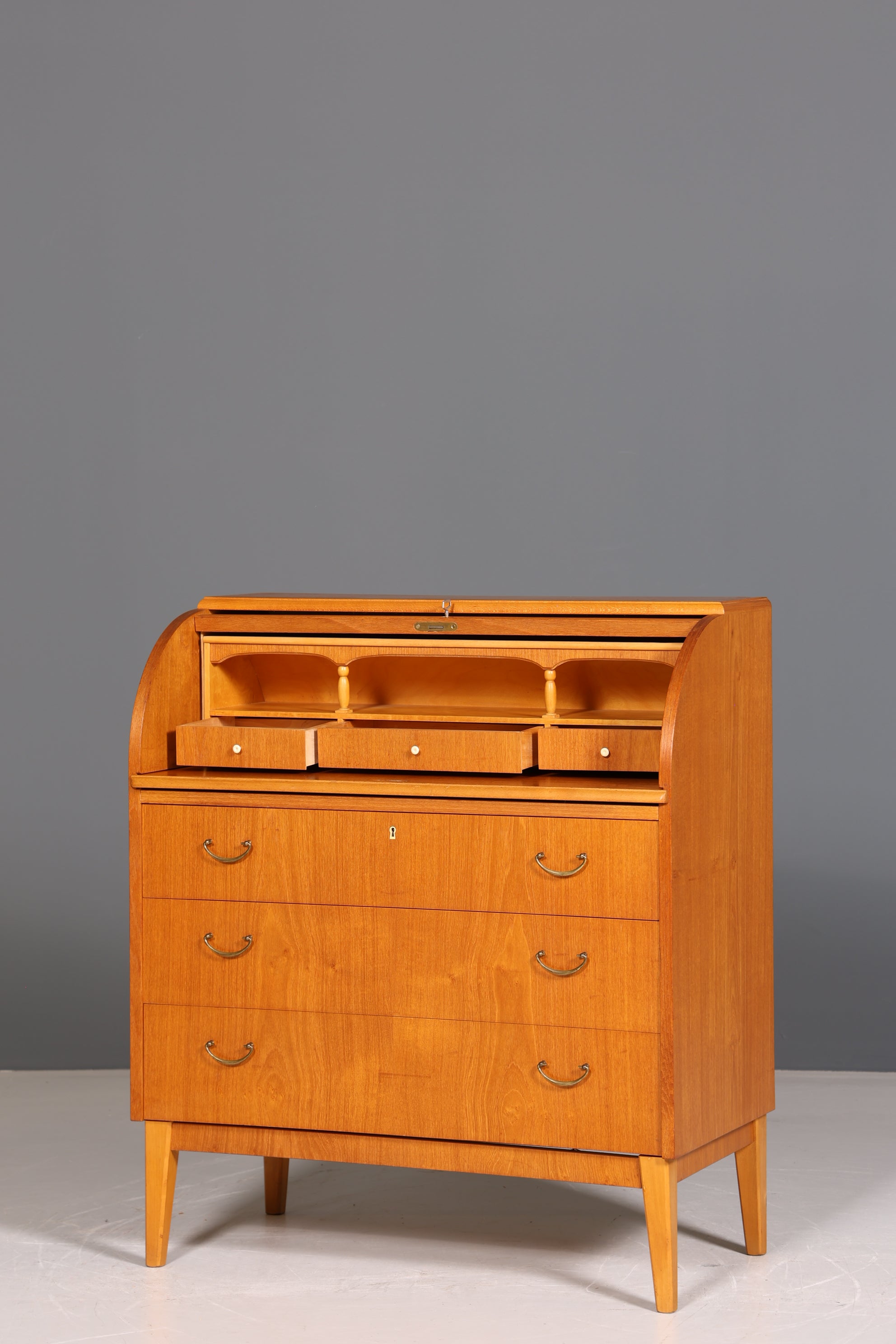 Schlichter Mid Century Rollladen Sekretär echt Holz Büro Schrank Vintage Schreibkommode