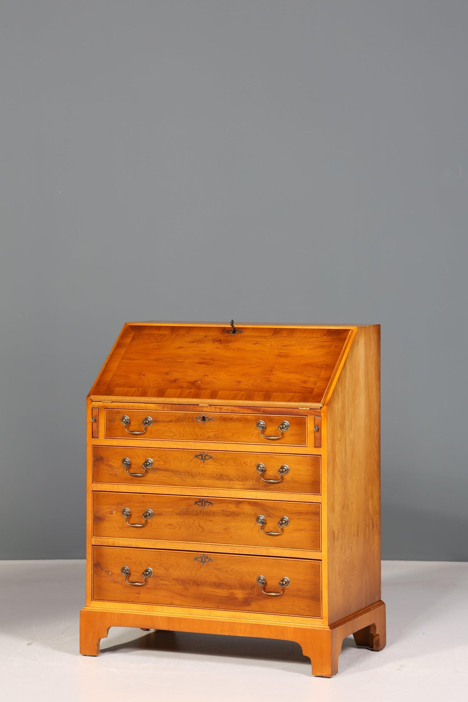 Stylish English secretary real leather pad yew writing chest UK desk antique 60s chest of drawers