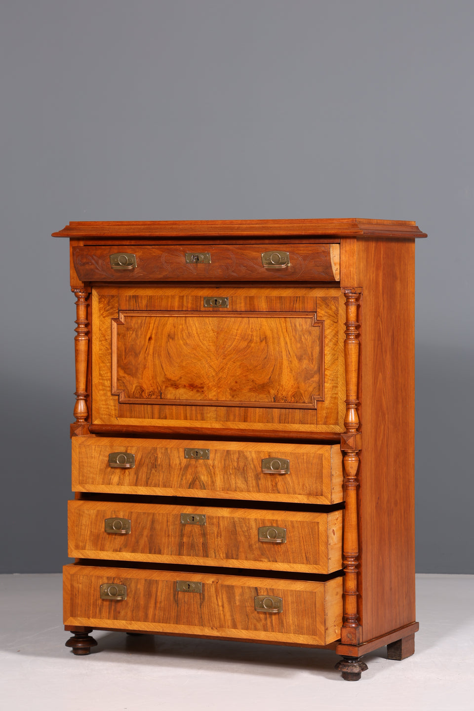 Wunderschöner Gründerzeit Sekretär Vertiko Nussbaum Highboard Jugendstil Kommode Schrank um 1880