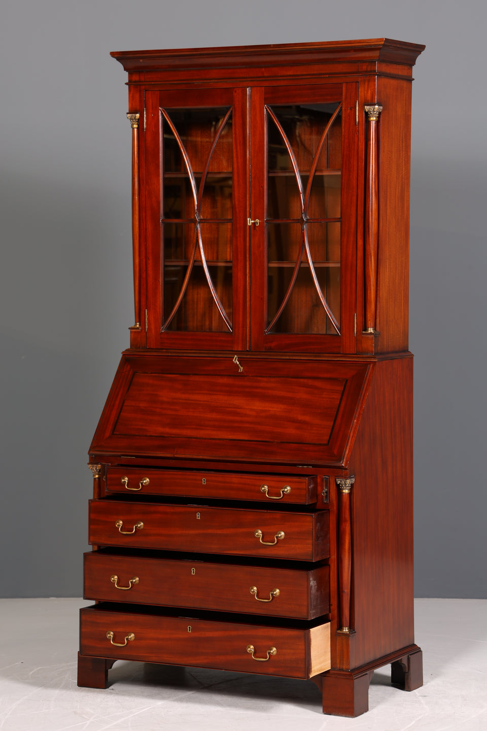 Wunderschöner Englischer Sekretär Vitrine Bibliothek Biedermeier Stil Aufsatzsekretär echt Holz Antik Schrank Regal