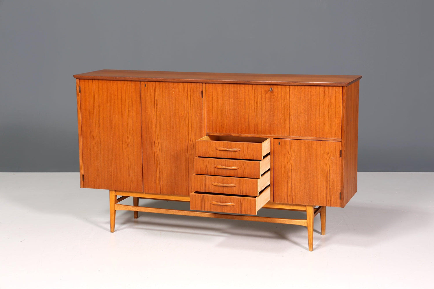 Simple Mid Century Highboard Vintage Sideboard Danish Design Teak Wood Chest of Drawers 60s