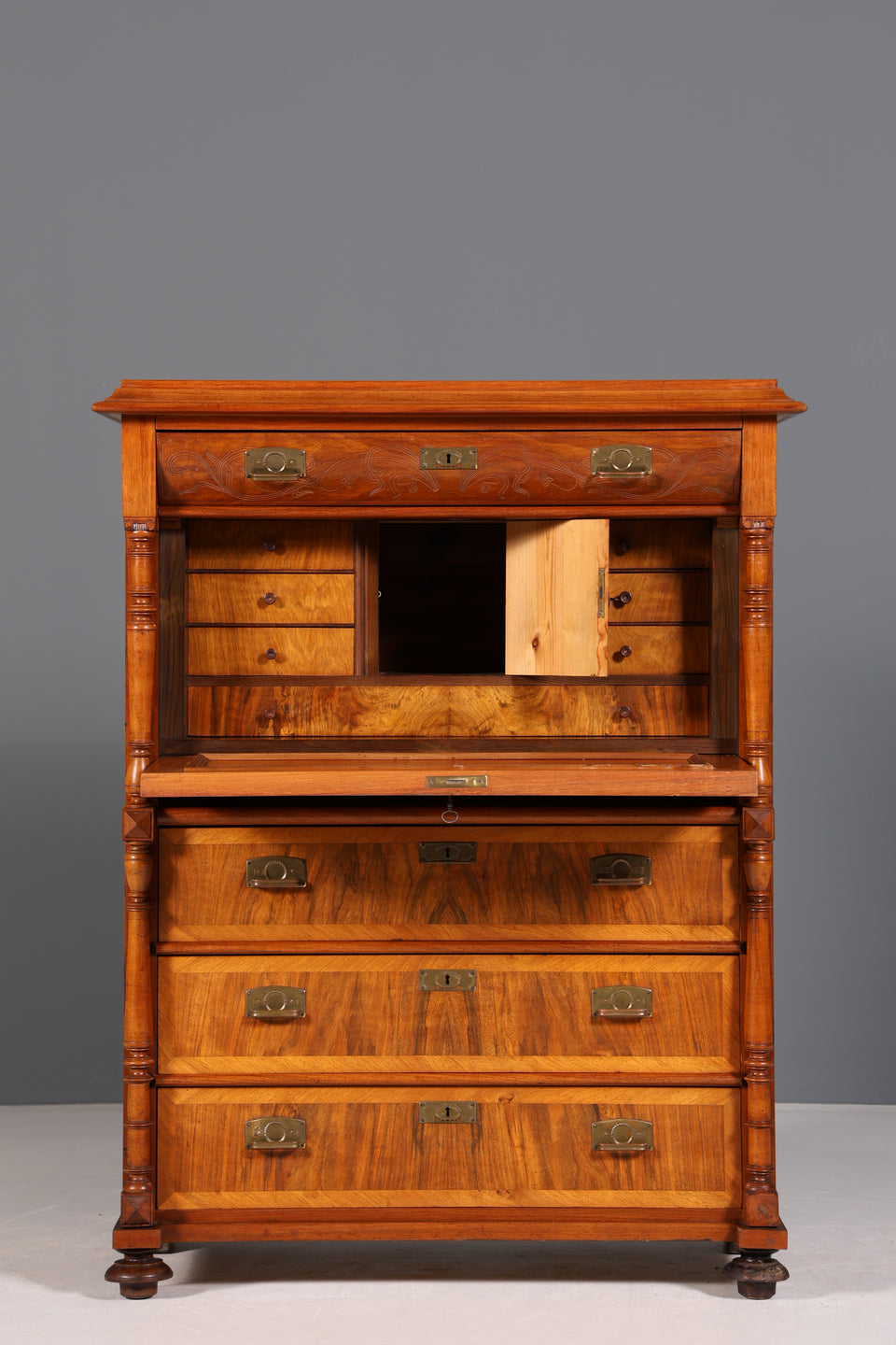 Wunderschöner Gründerzeit Sekretär Vertiko Nussbaum Highboard Jugendstil Kommode Schrank um 1880