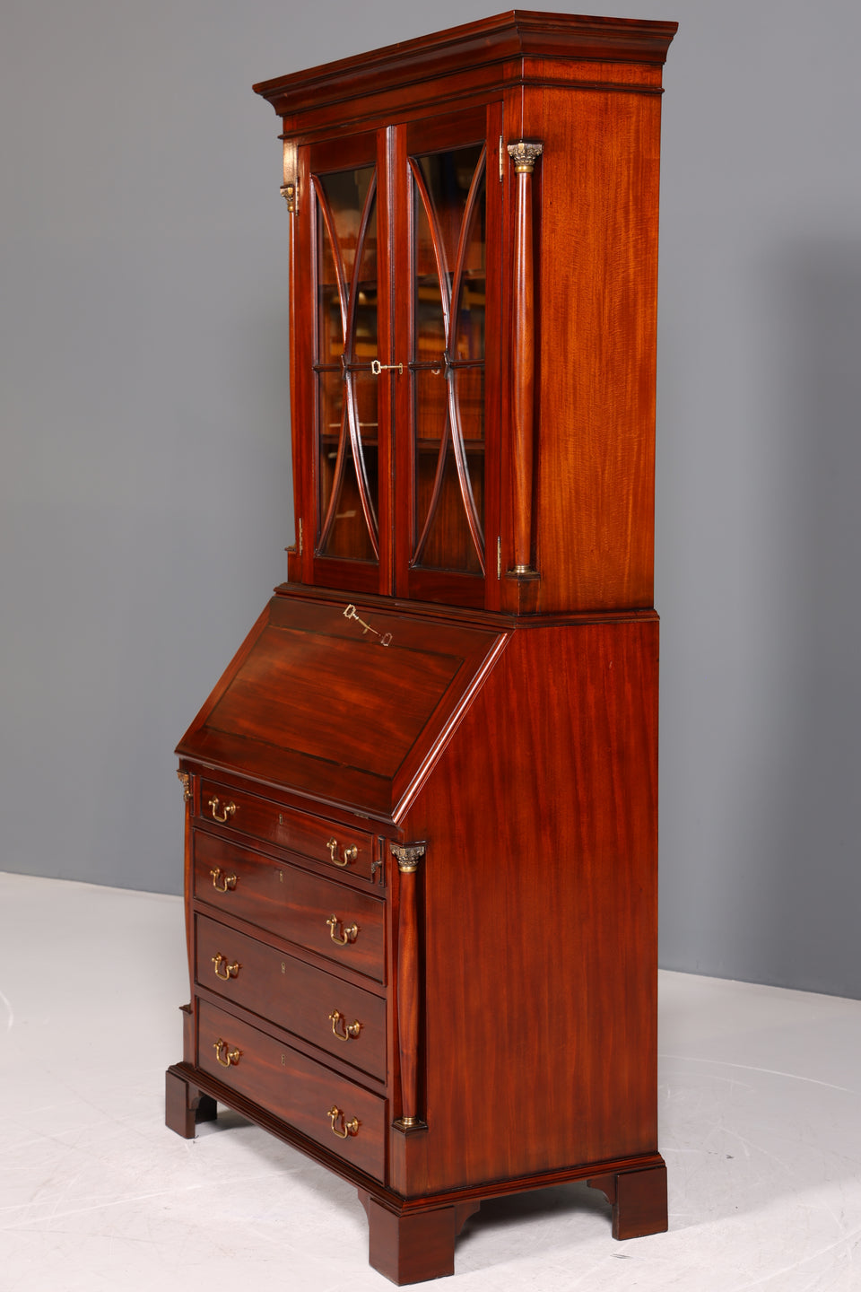 Wunderschöner Englischer Sekretär Vitrine Bibliothek Biedermeier Stil Aufsatzsekretär echt Holz Antik Schrank Regal