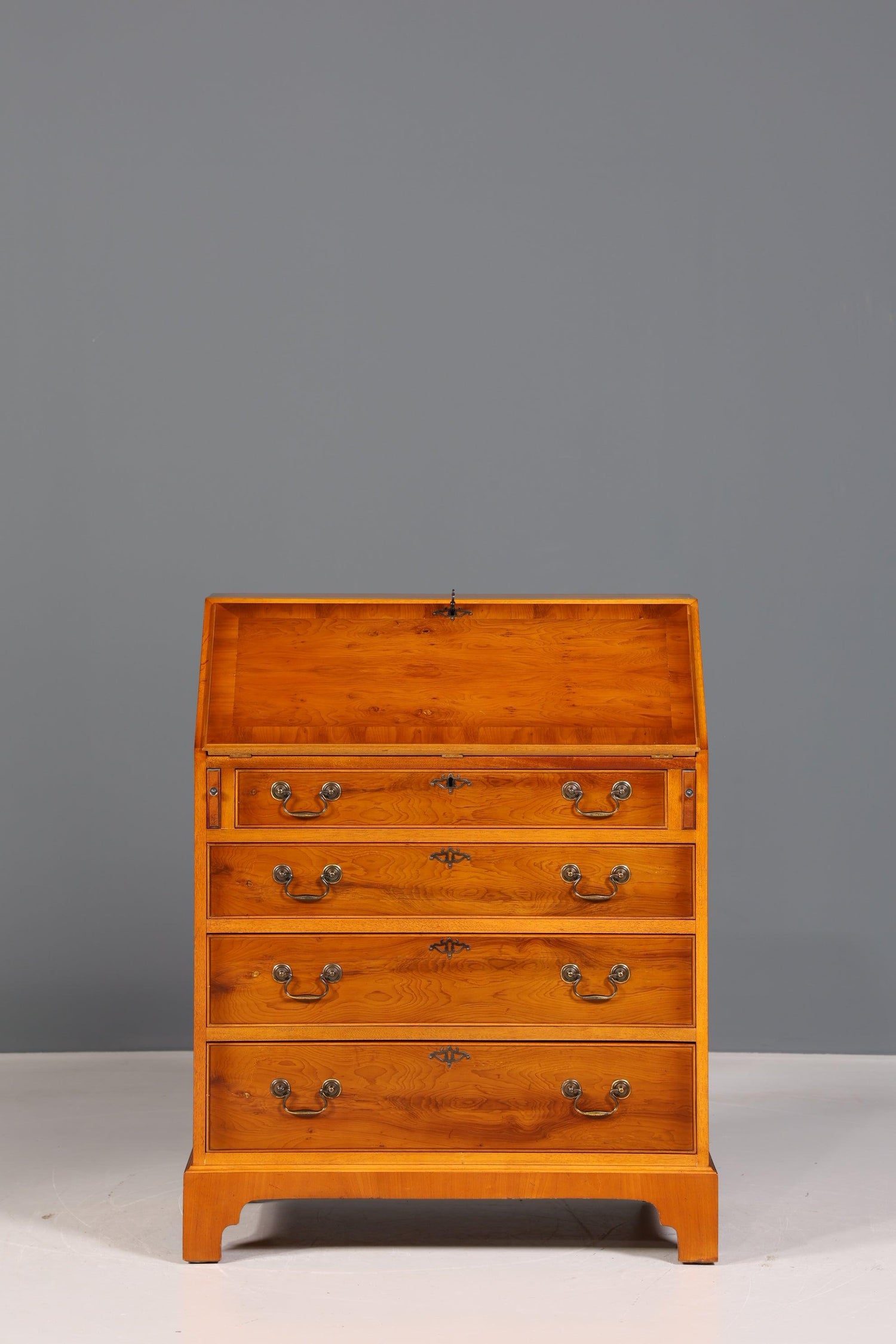 Stylish English secretary real leather pad yew writing chest UK desk antique 60s chest of drawers