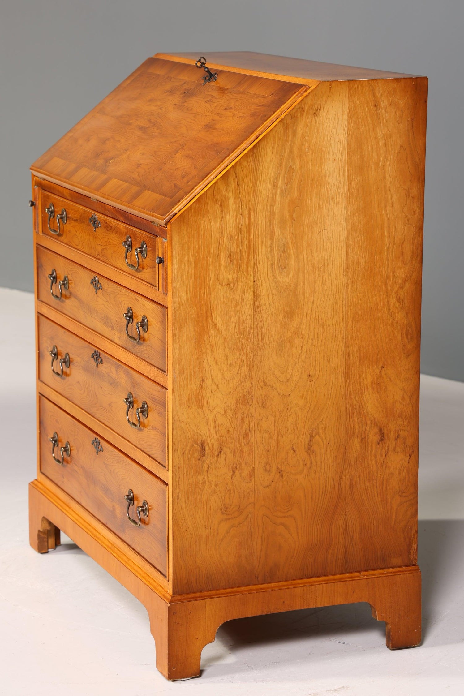 Stylish English secretary real leather pad yew writing chest UK desk antique 60s chest of drawers