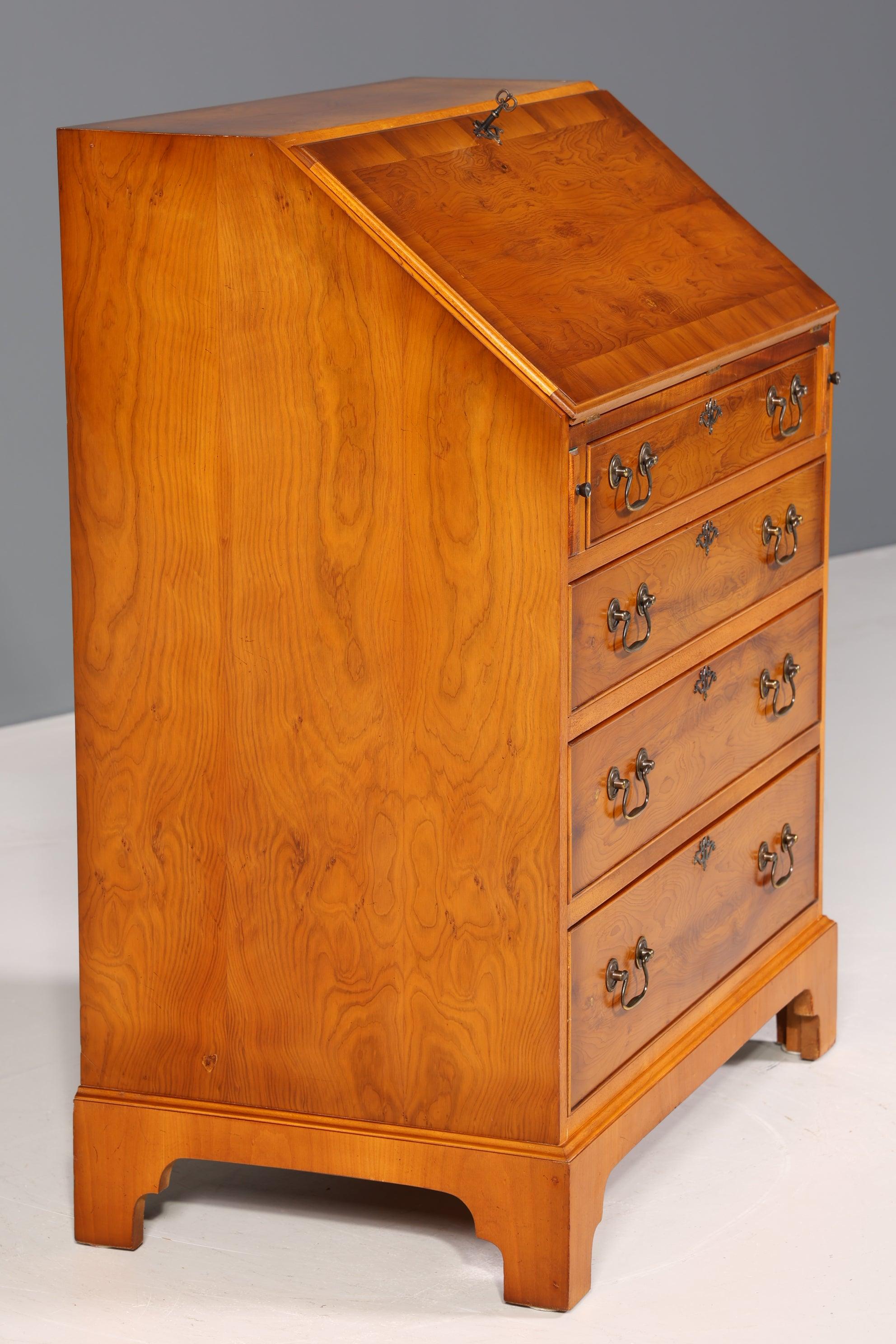 Stylish English secretary real leather pad yew writing chest UK desk antique 60s chest of drawers