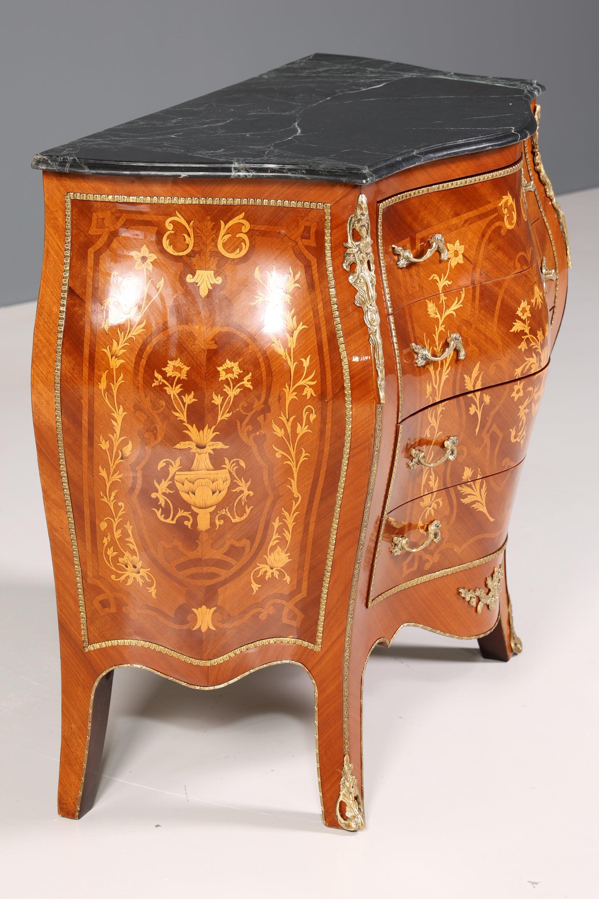 Königliche Bauchige Barock Kommode Messing Marmor Louis XV Sideboard Antik Stil