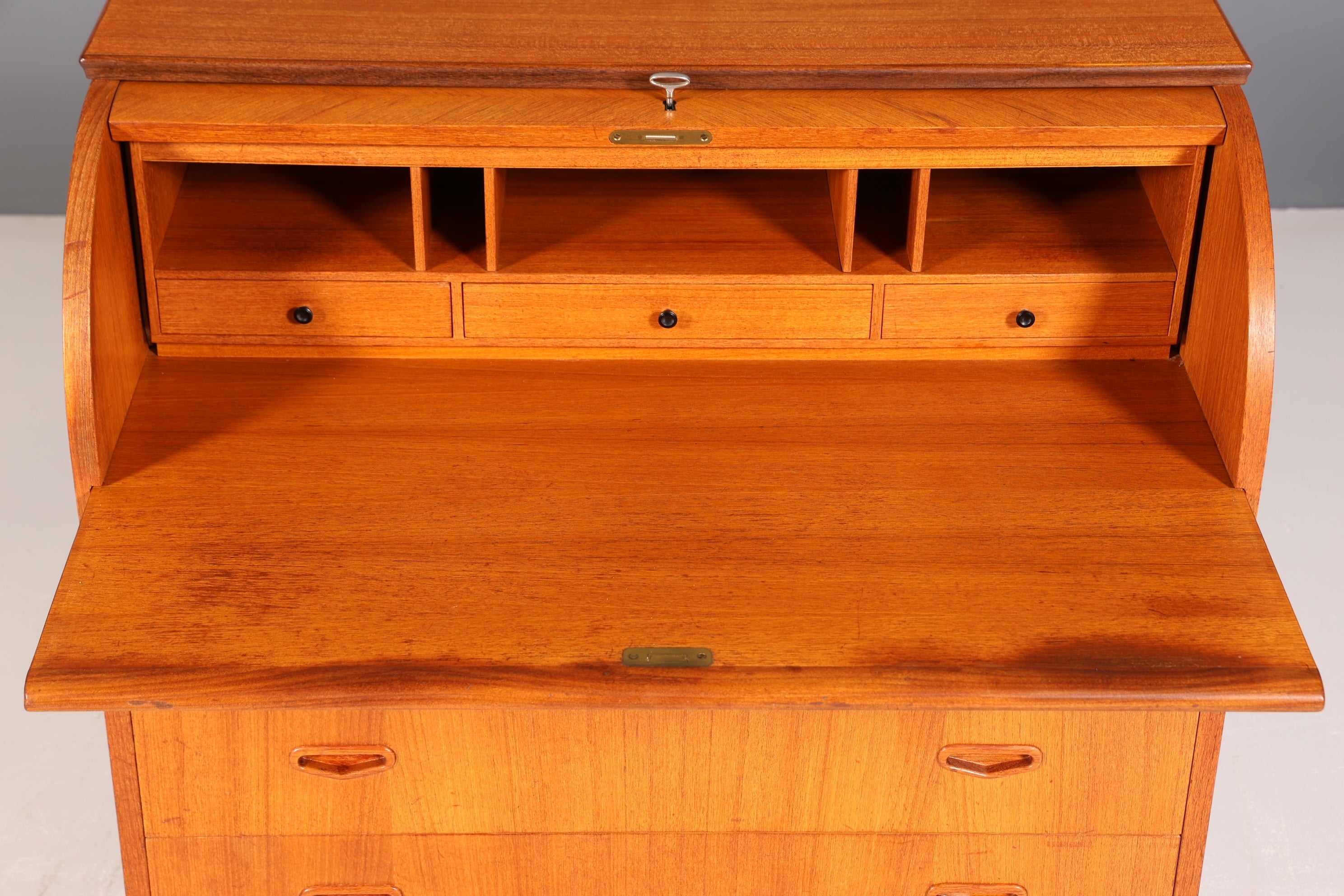 Beautiful Mid Century roller shutter secretary Danish design teak wood writing desk 60s