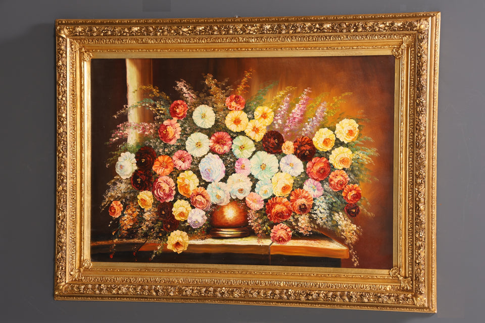 Prunkvolles XXL Barock Stil Bild Ornamenten Blumen Wandbild Gold handbemalt Gemälde Wandkunst