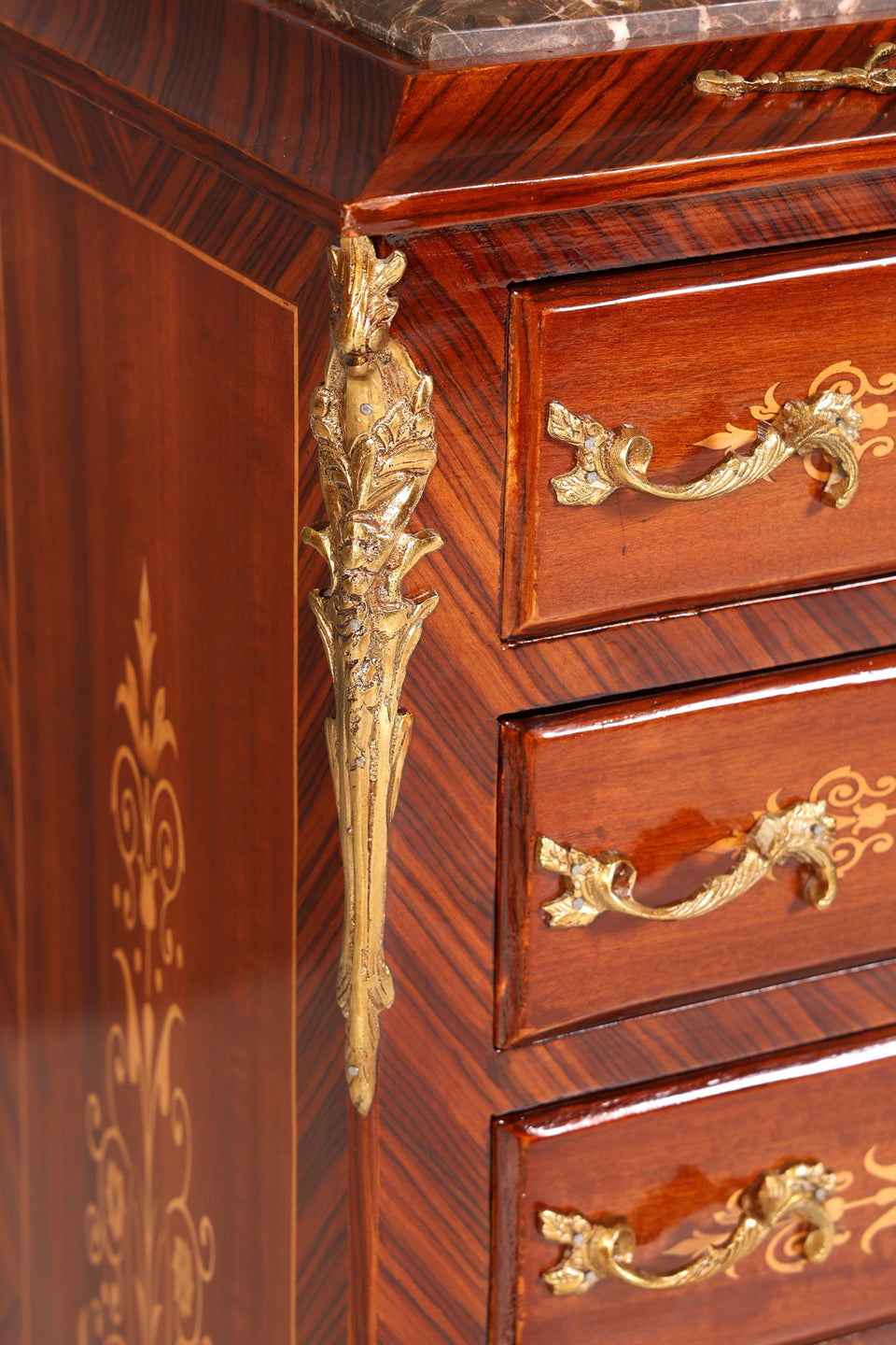 Wunderschönes Barock Stil Louis XV Highboard Marmor Vertiko Intarsien Kommode