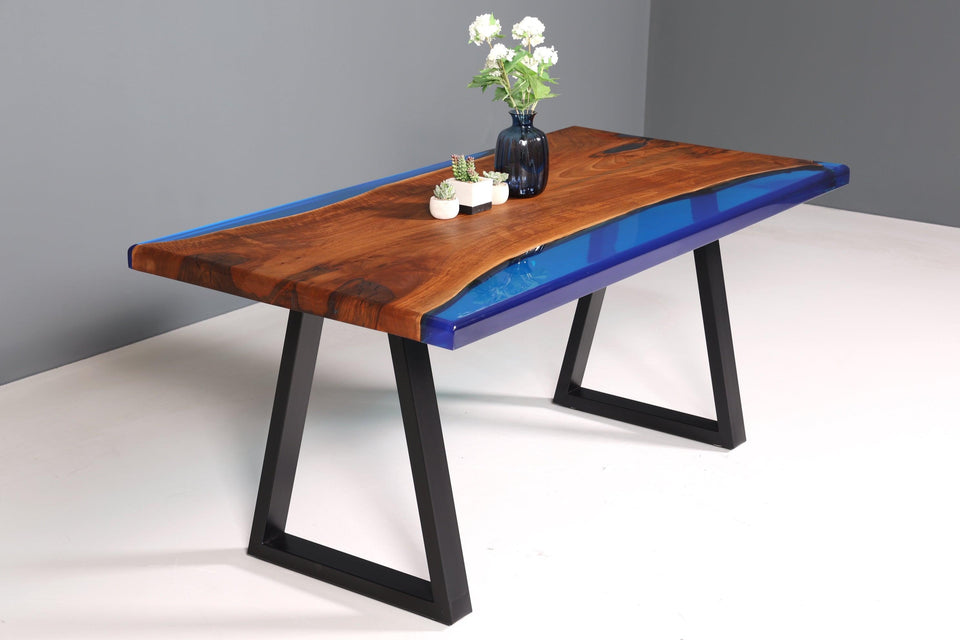 Epoxy resin table walnut dining room table blue solid wood kitchen table epoxy dining table