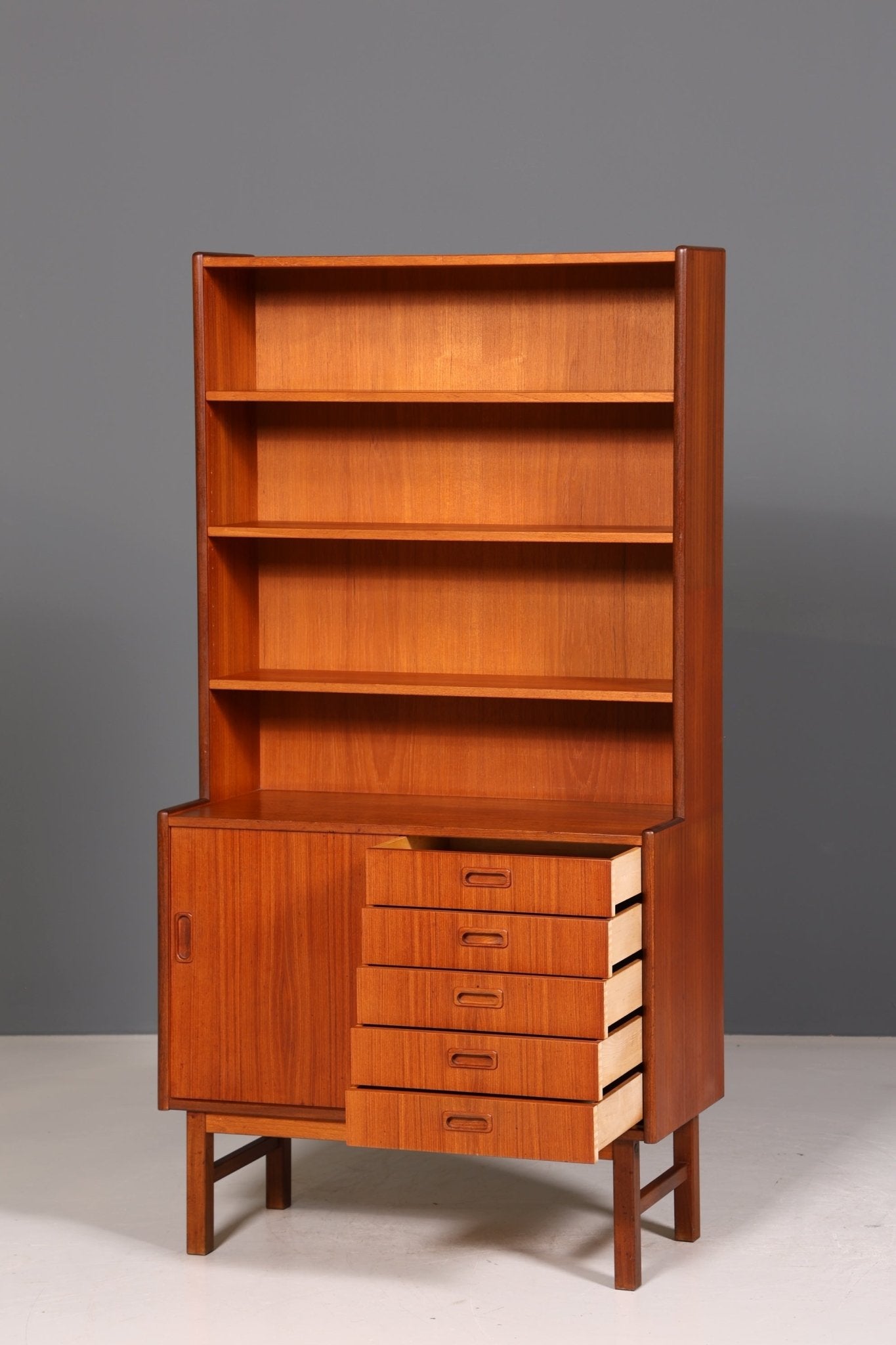 Fantastic Mid Century Shelf Sliding Door Bookcase Teak Wood Chest of Drawers 60s