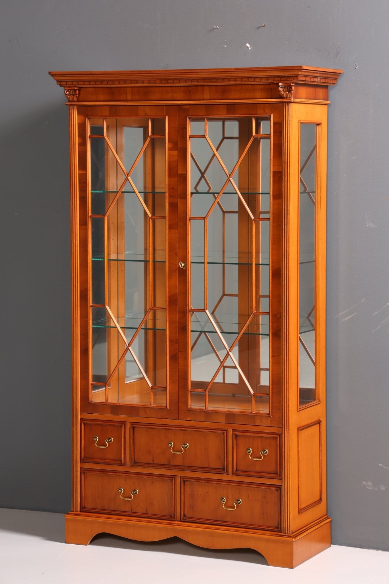 Beautiful English Display Cabinet Yew Bookcase Buffet Antique Style Glass Display Cabinet