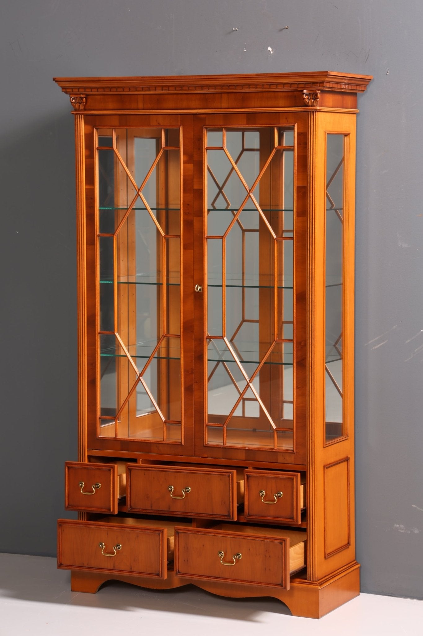 Beautiful English Display Cabinet Yew Bookcase Buffet Antique Style Glass Display Cabinet