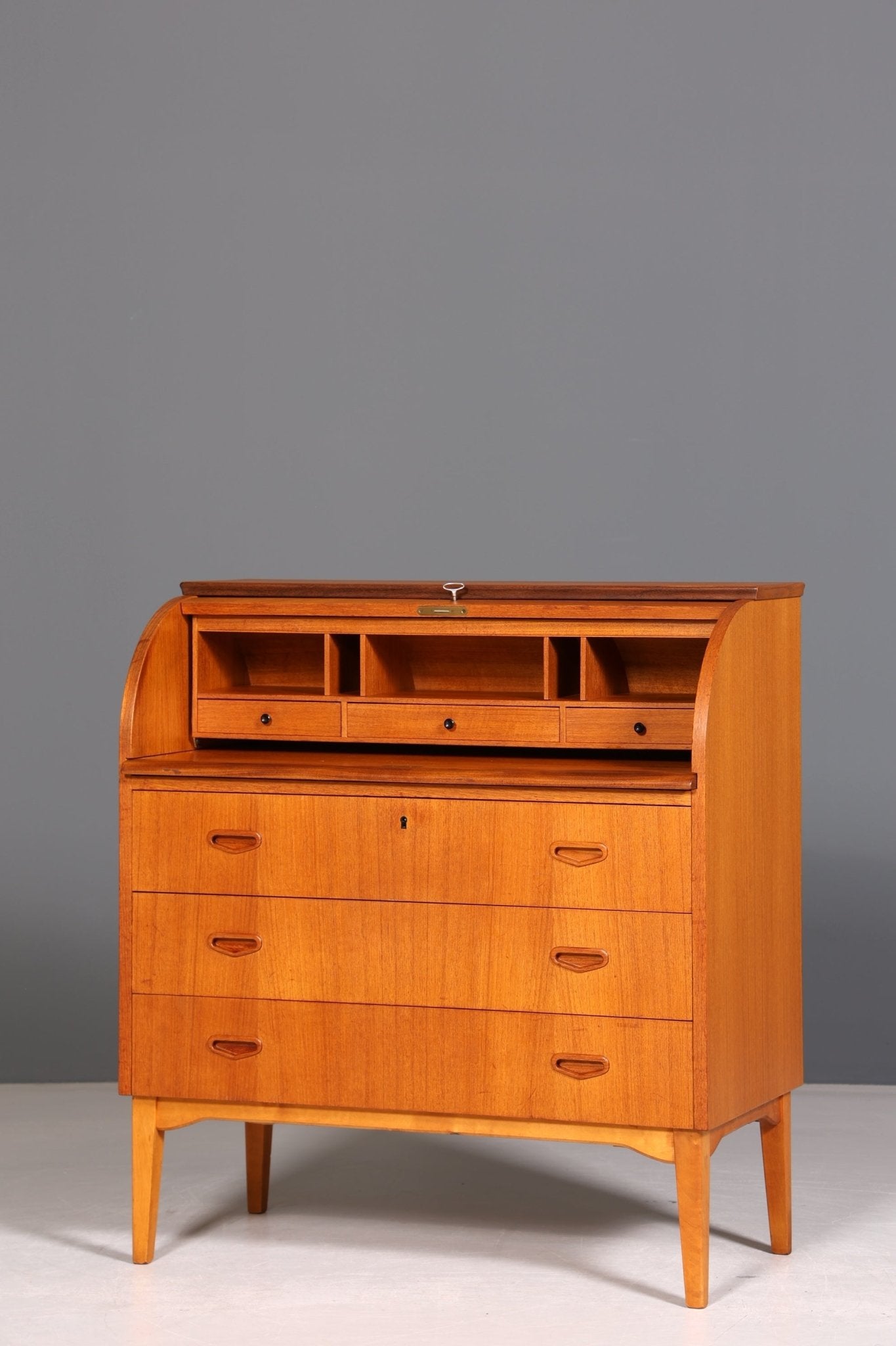 Beautiful Mid Century roller shutter secretary Danish design teak wood writing desk 60s