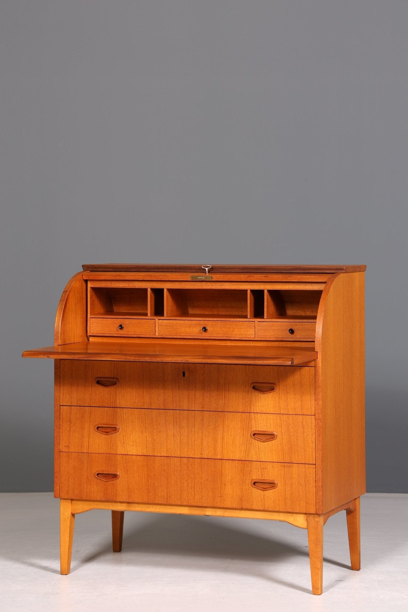 Beautiful Mid Century roller shutter secretary Danish design teak wood writing desk 60s