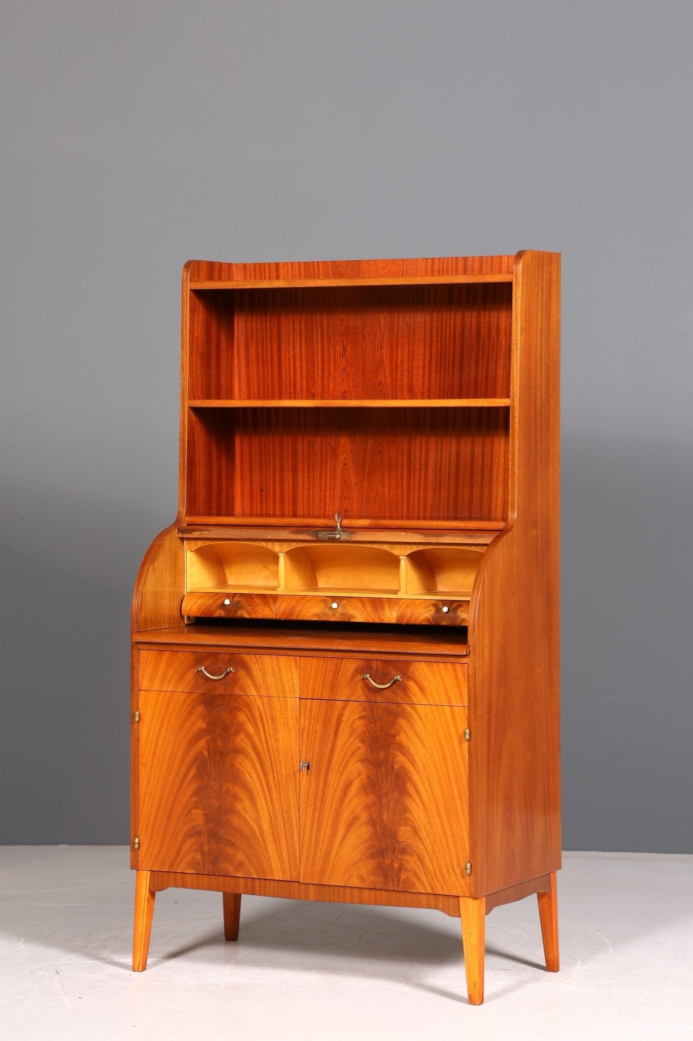 Beautiful Mid Century roller shutter secretary real wood mahogany top cabinet office shelf chest of drawers bookcase 60s