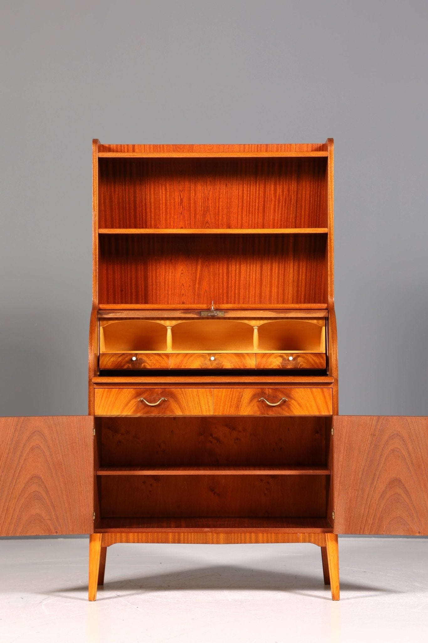 Beautiful Mid Century roller shutter secretary real wood mahogany top cabinet office shelf chest of drawers bookcase 60s