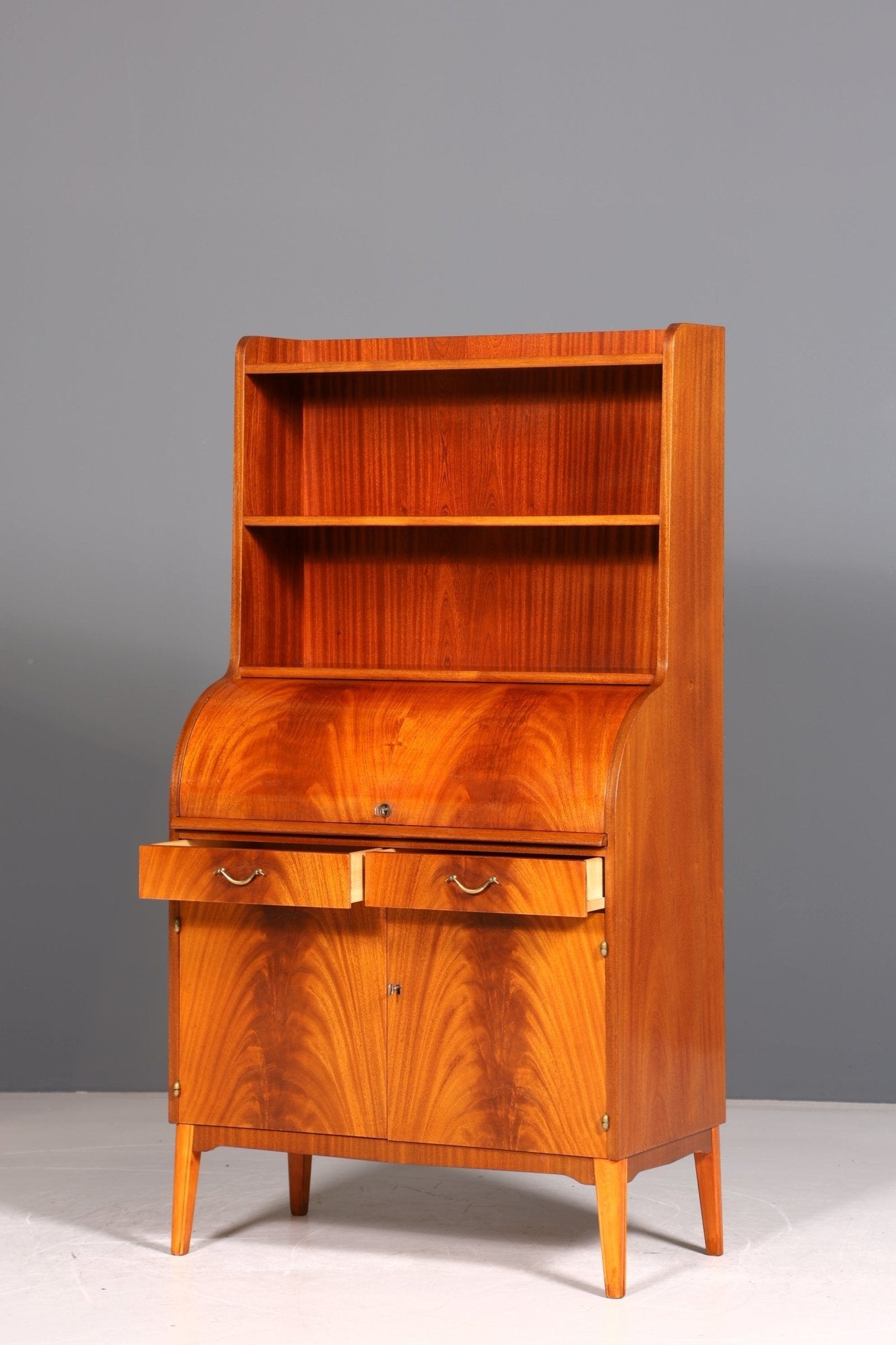 Wunderschöner Mid Century Rollladen Sekretär echt Holz Mahagoni Aufsatz Schrank Office Regal Kommode Bücherregal 60er Jahre